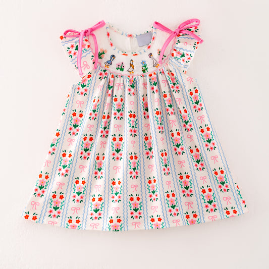 Girls Summer Pink Floral Silly Goose Embroidery Smock Dress Romper