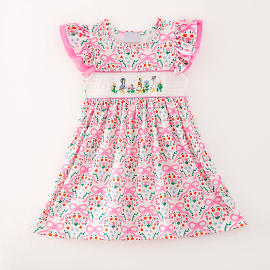 Girls Summer Pink Floral Silly Goose Embroidery Smock Clothes