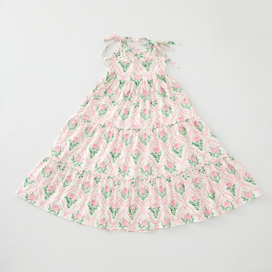 Girls Pink Green White Floral Print Slip Pacthwork Maxi Dress