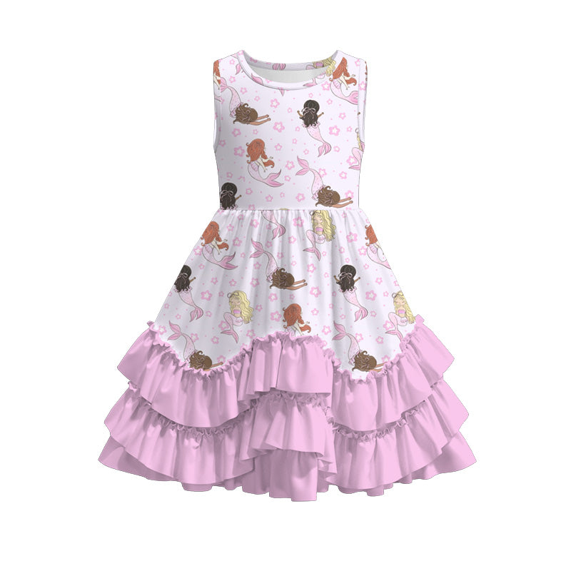 Girls Summer Mermaid Print Pink Ruffled Dress