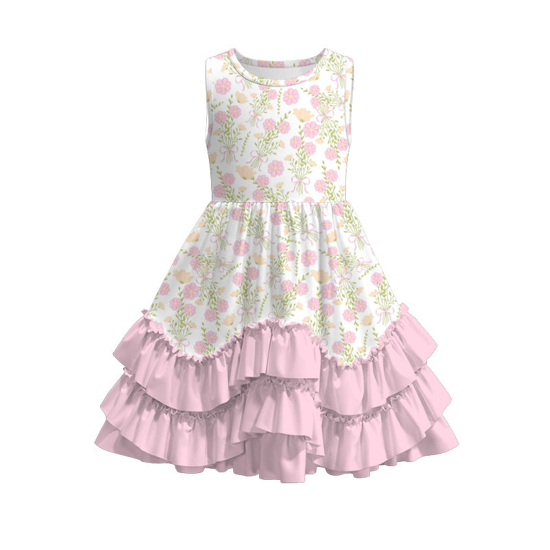 Girls Summer Floral Print Pink Ruffled Dress
