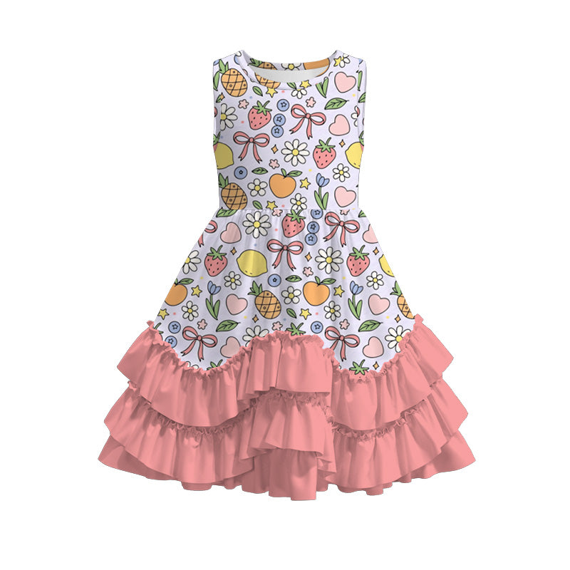 Girls SummerFruit Bow Print Coral Ruffled Dress