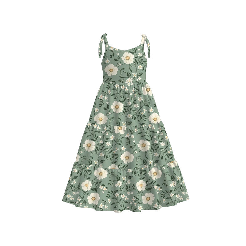 Mommy and Me Green Floral Print Summer Soft Maxi Dress