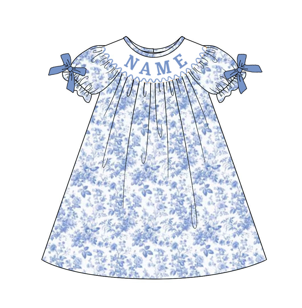 Girls Summer Blue Floral Custom Name Smocked Bow Dress