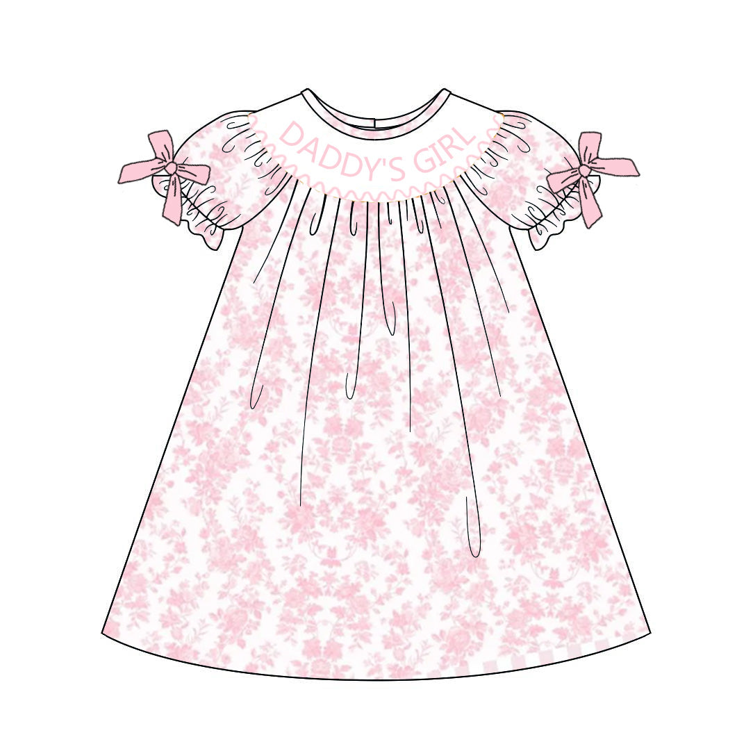 Girls Summer Pink Floral "DADDY'S GIRL" Smocked Bow Dress