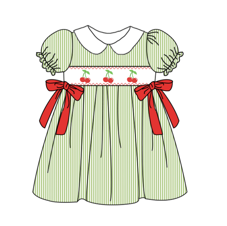 Girls Summer Green Stripes Cherry Embroidery Dress
