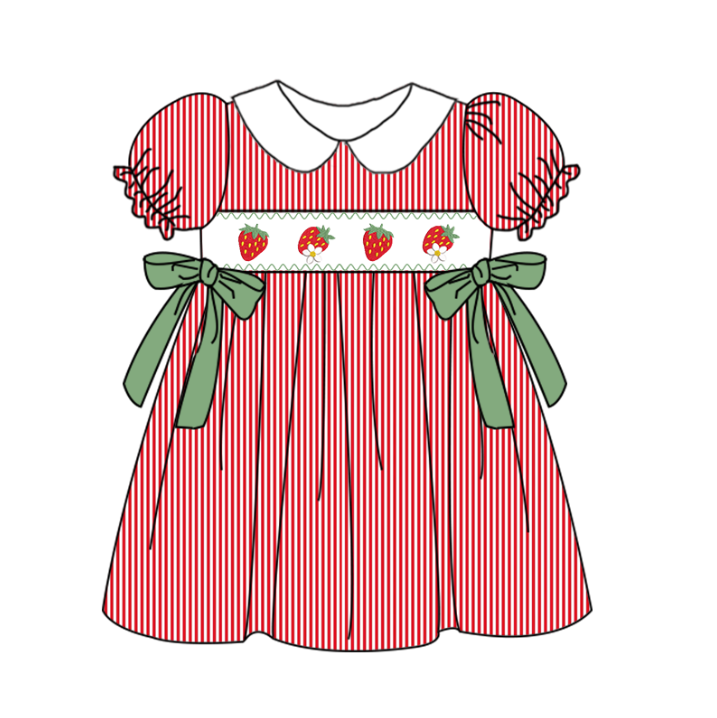 Girls Summer Red Stripes Strawberry Embroidery Dress