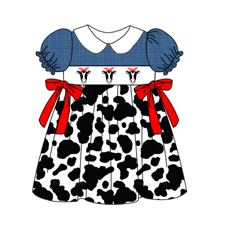 Girls Summer Print Farm Cow Embroidery Dress