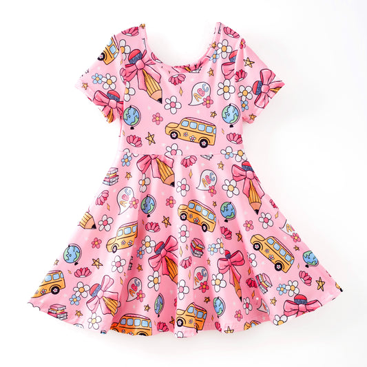 Girls Summer Back To School School Bus Pencil Pink Twirl Dress