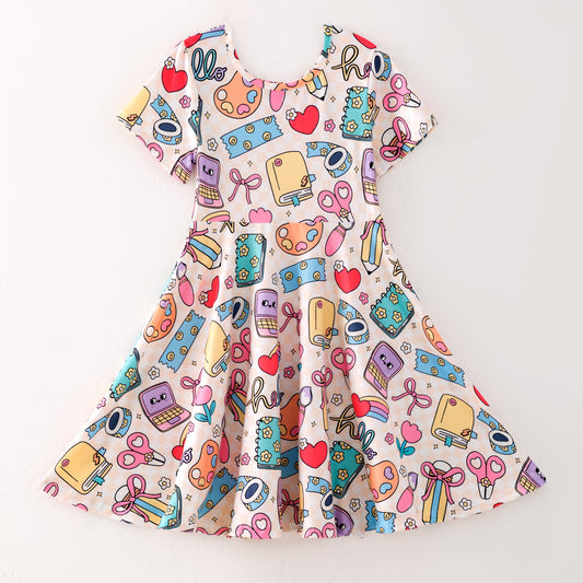 Girls Summer Back To School Print Cute Soft Twirl Dress