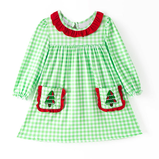 Girls Christmas Sibling Matching Outfits – Gteen Stripes Tree Embroidery Collection