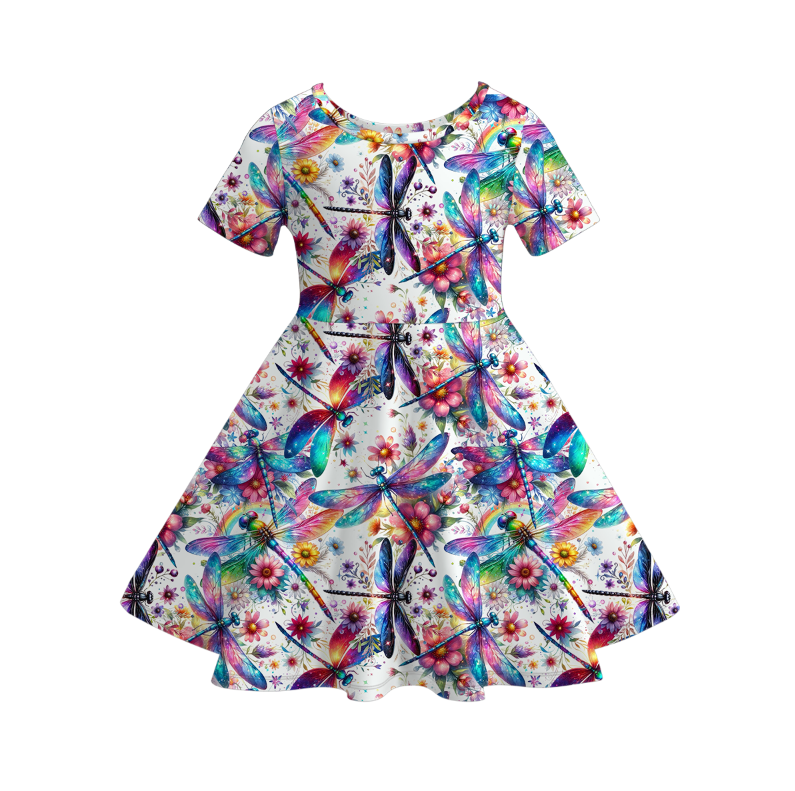 Girls Summer Colorful Dragonfly Floral Print Dress
