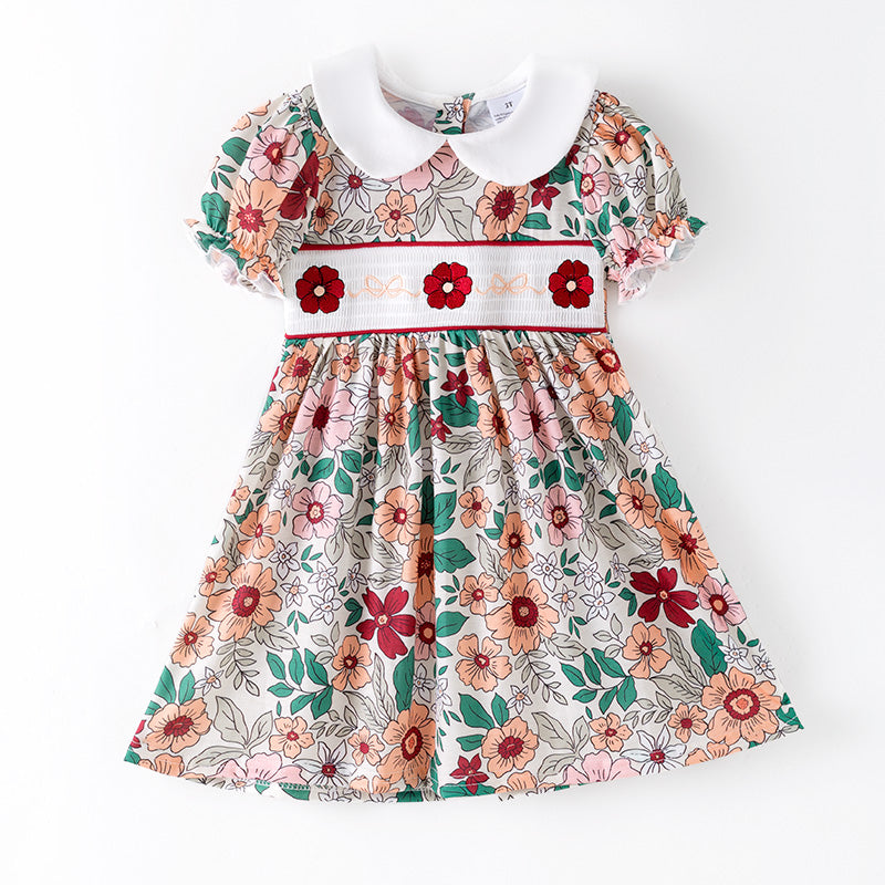 Girls Fall Pink Green Floral Smock Embroidery Dress