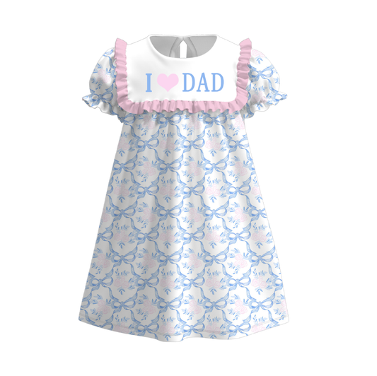 Girls Summer I LOVE DAD Embroidery Pink Blue Bow Dress Romper