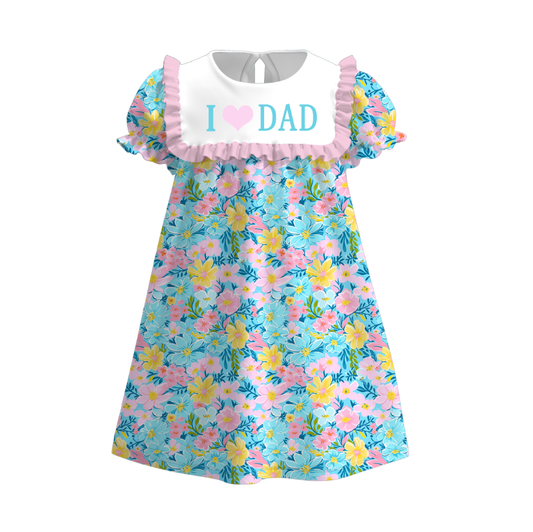 Girls Summer I LOVE DAD Embroidery Pink Blue Floral Dress Romper
