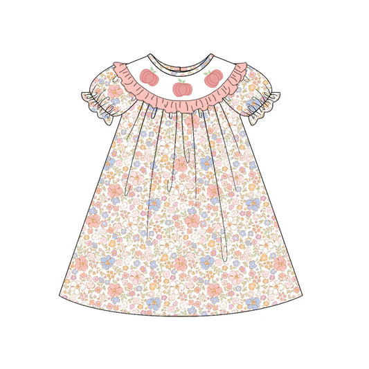 Girls Sister Fall Pink Floral Pumpkin Embroibery Sibling Clothes