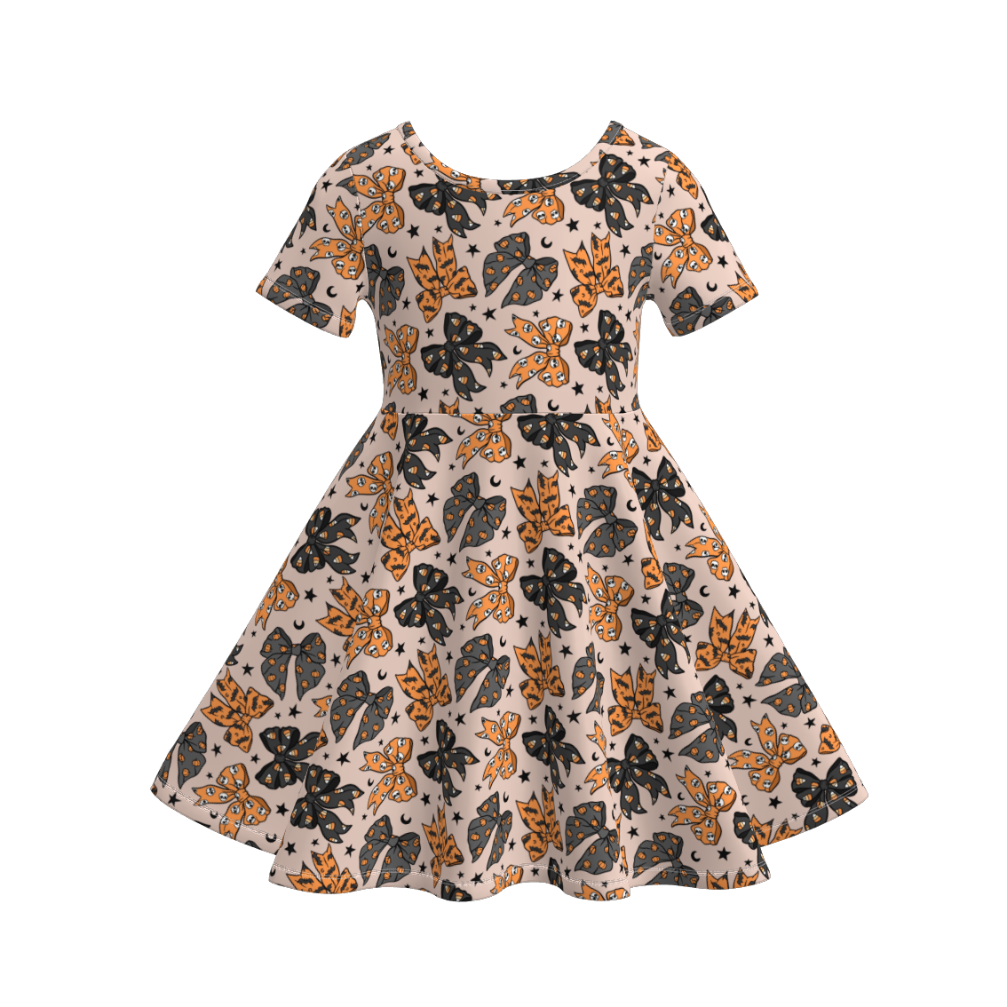 Girls Fall Halloween Black Orange Bow Print Twirl Dress