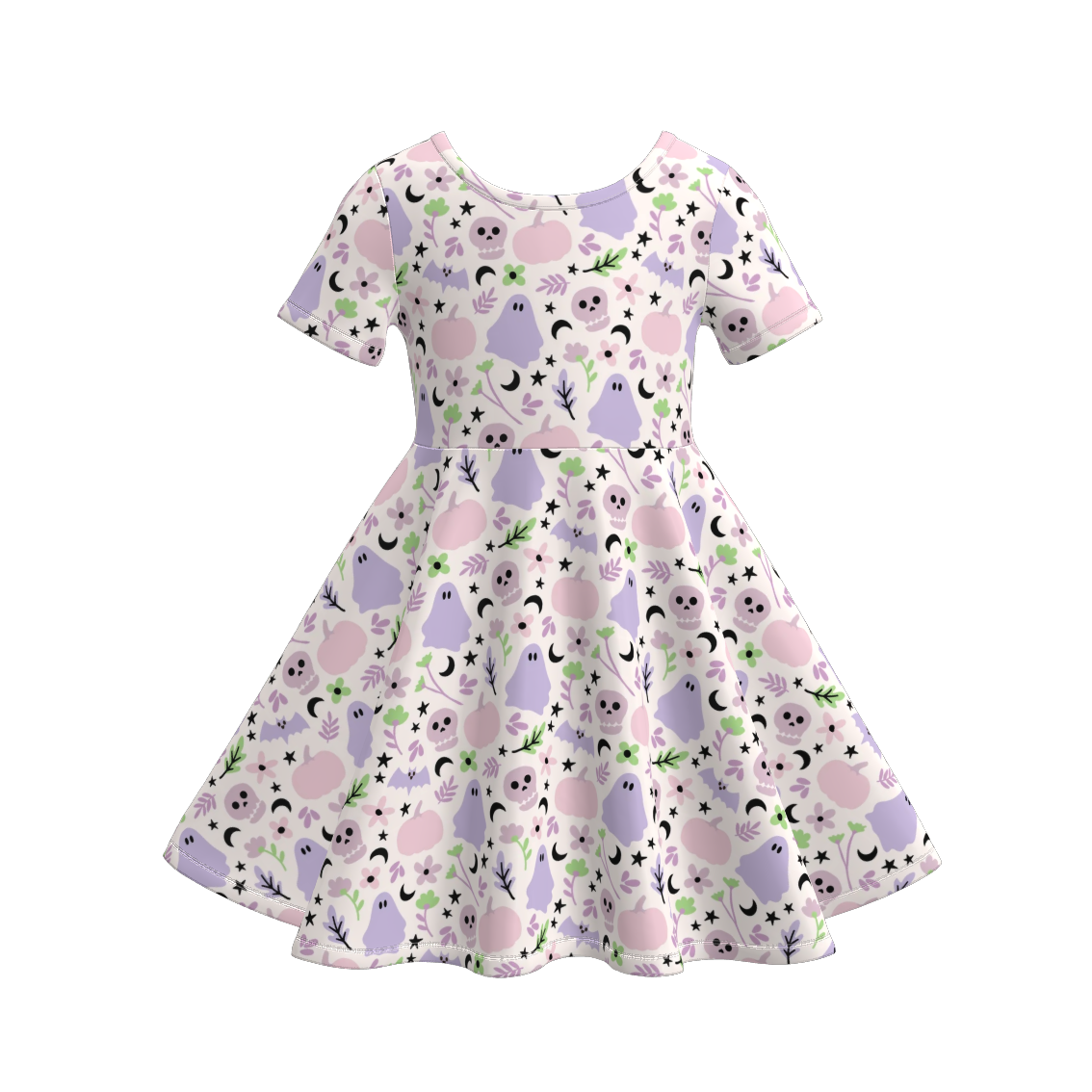 Girls Fall Halloween Pink Lavender Ghost Print Twirl Dress