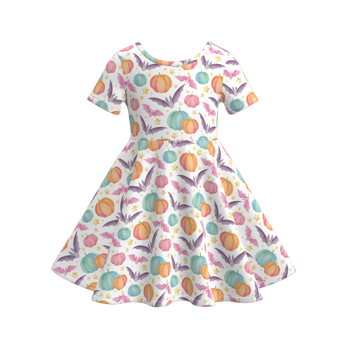 Girls Halloween Pumpkin Bat Print Twirl Dress