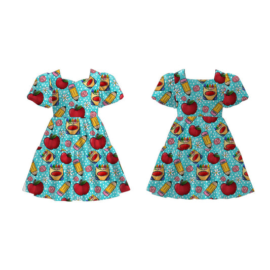 Back to School Puff Sleeve Dress – Apple, Pencil & Bus Print