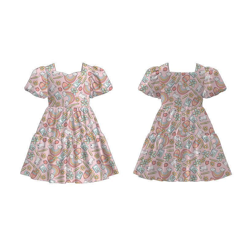 Girls Back To School Print Fashion Puff Sleeves Dress