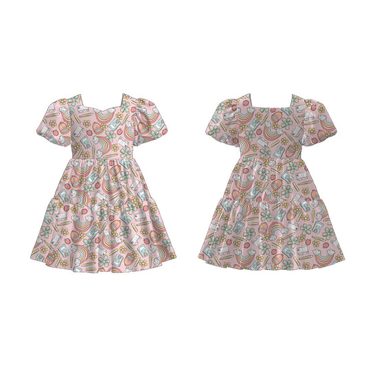 Girls Back To School Print Fashion Puff Sleeves Dress