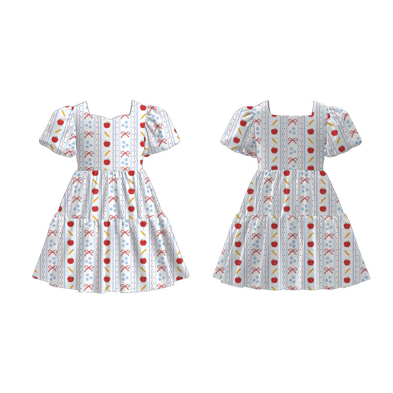 Girls Back To School Print Fashion Puff Sleeves Dress