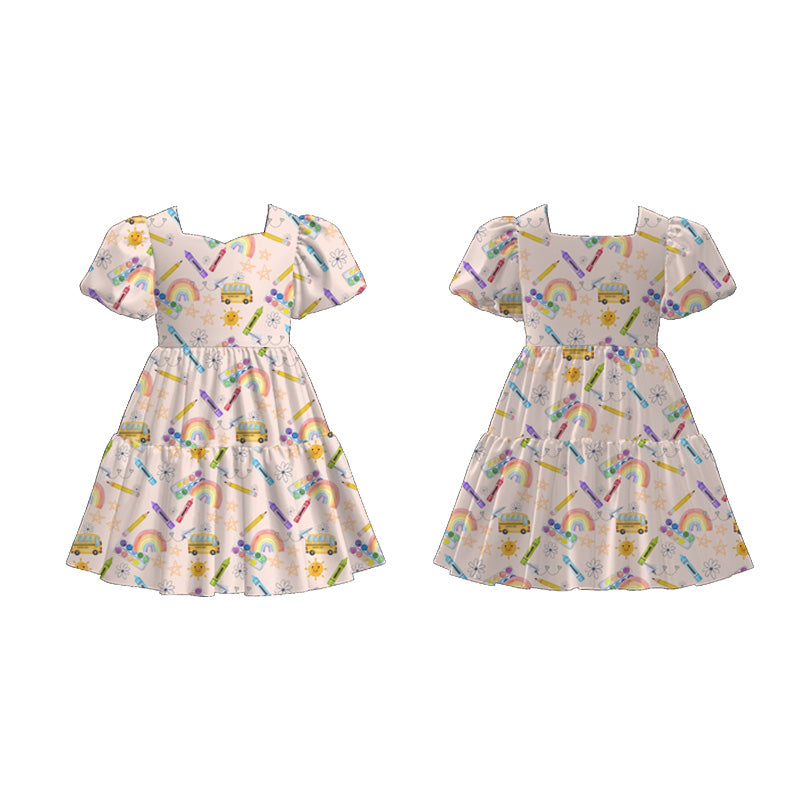 Girls Back To School Print Fashion Puff Sleeves Dress