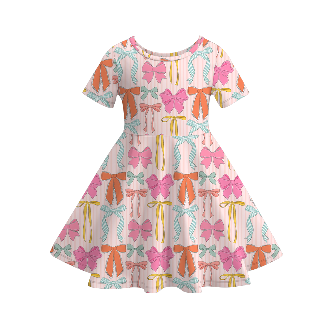 Girls Summer Color Bow Print Short Sleeves Soft Dress