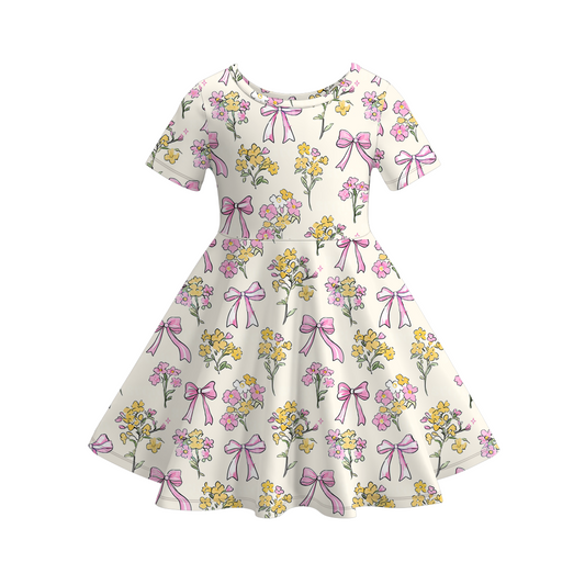 Girls Summer Color Bow Print Short Sleeves Soft Dress