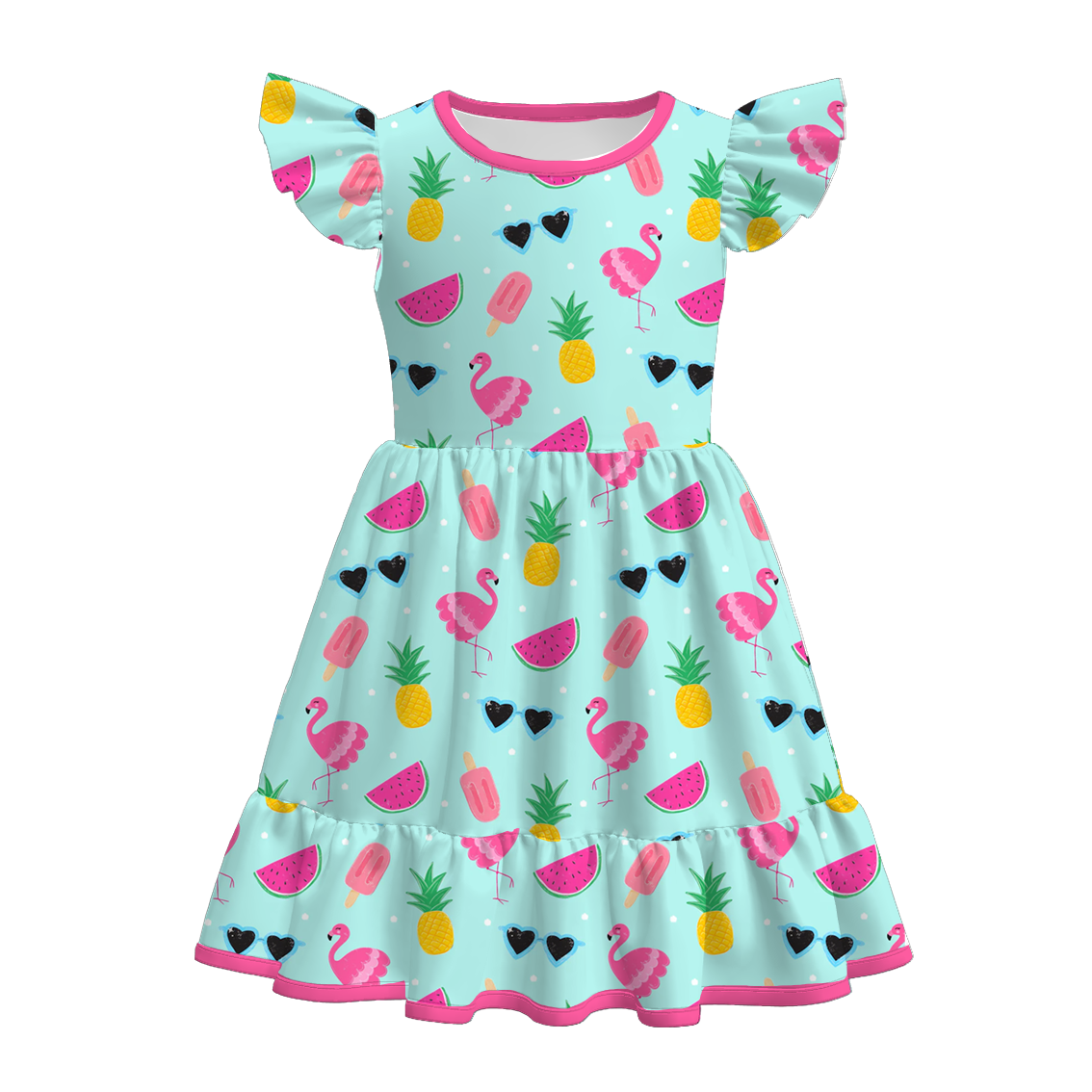 Girls Summer Chick Flamingo Pop Corn Print Cute Dress