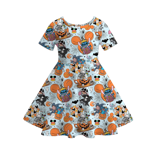 Girls Fall Halloween Pumpkin Cartoon Twirl Dress