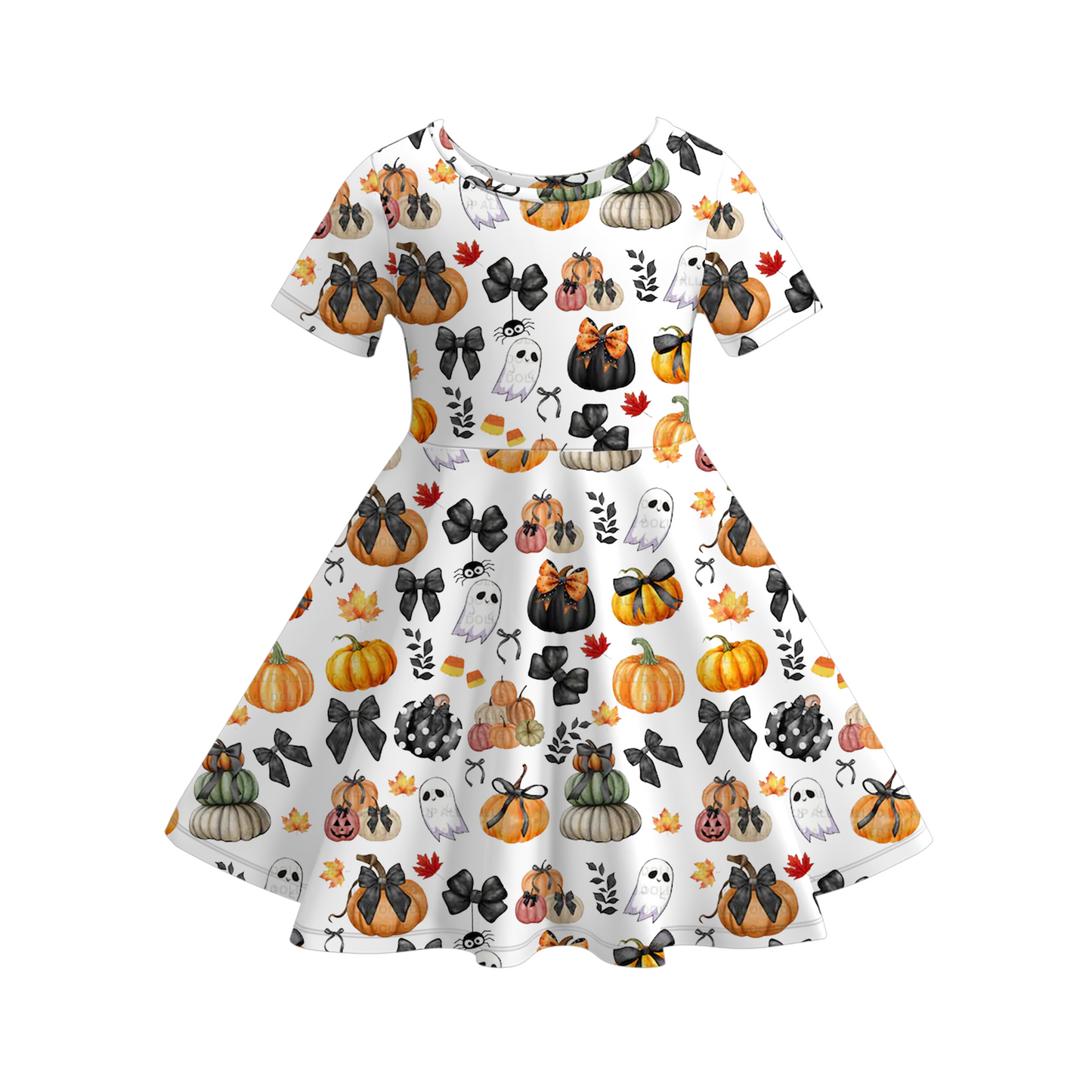 Girls Halloween Pumpkin Ghost Print Short Sleeves Twirl Dress