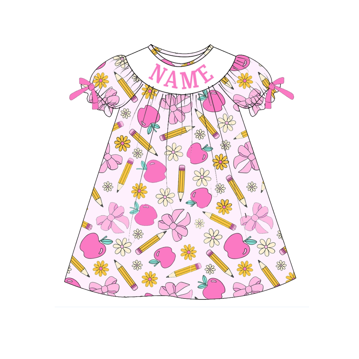 Girls Back To School Custom Name Embroidery Apple Pencil Dress