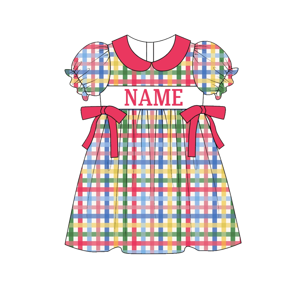 Girls Back To School Custom Name Embroidery Red Plaid Dress