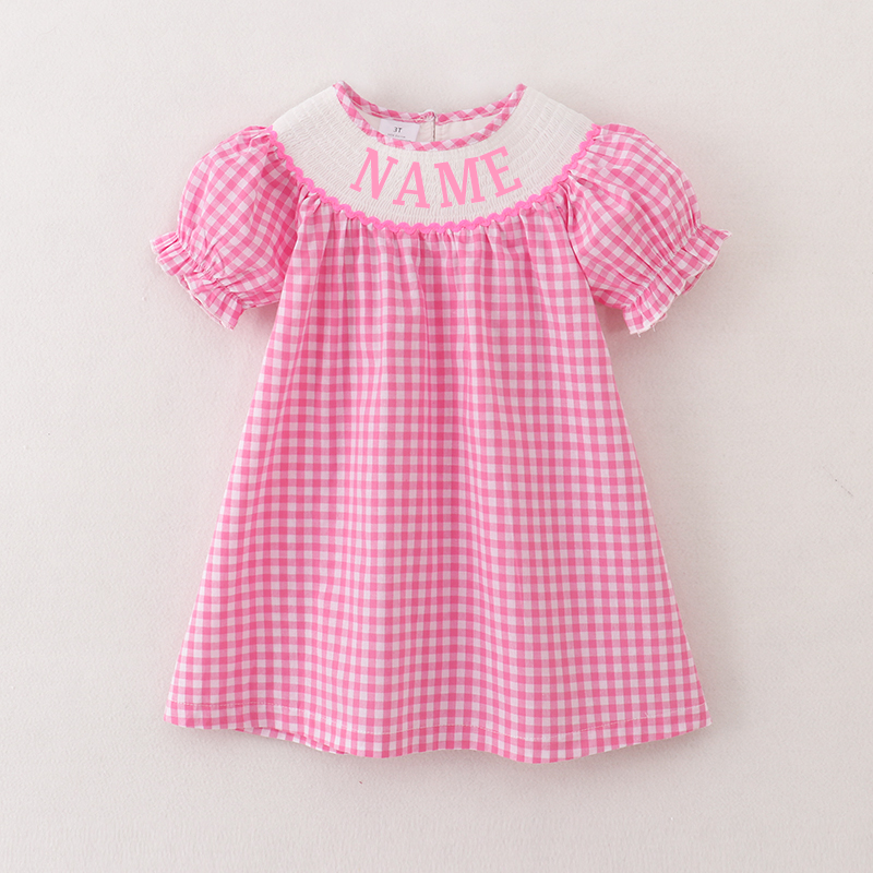 Girls Summer Pink Plaid Custom Name Smock Embroidery Dress