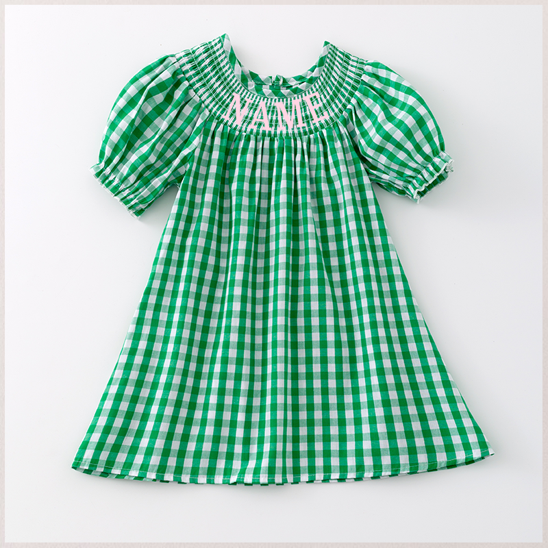 Girls Summer Green Plaid Custom Name Smock Embroidery Dress