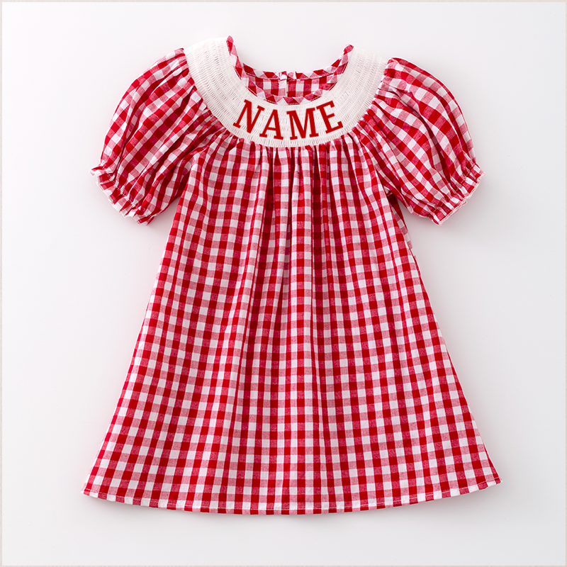 Girls Summer Red Plaid Custom Name Smock Embroidery Dress
