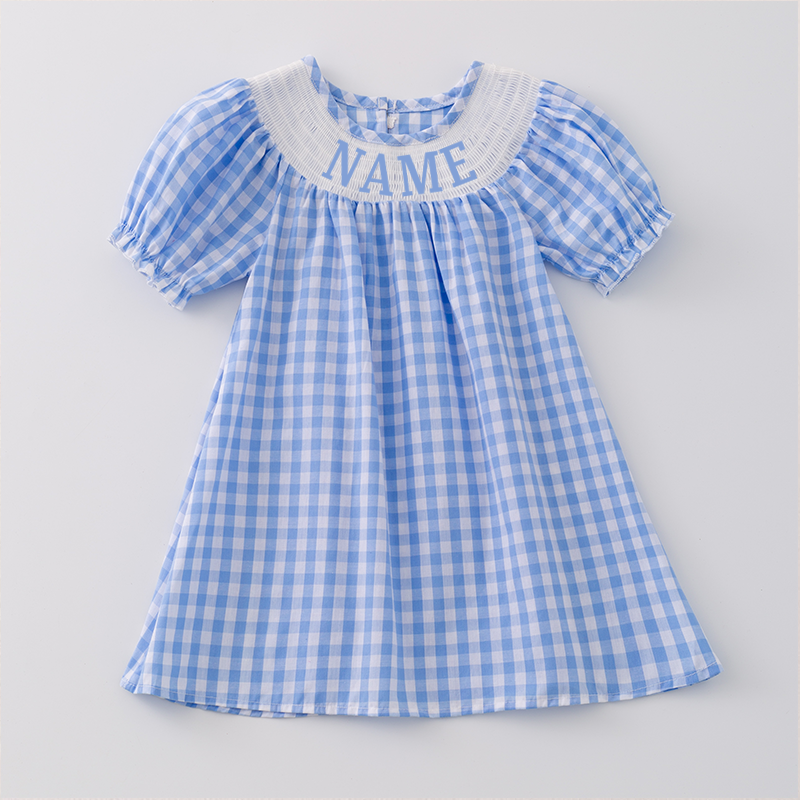 Girls Summer Blue Plaid Custom Name Smock Embroidery Dress