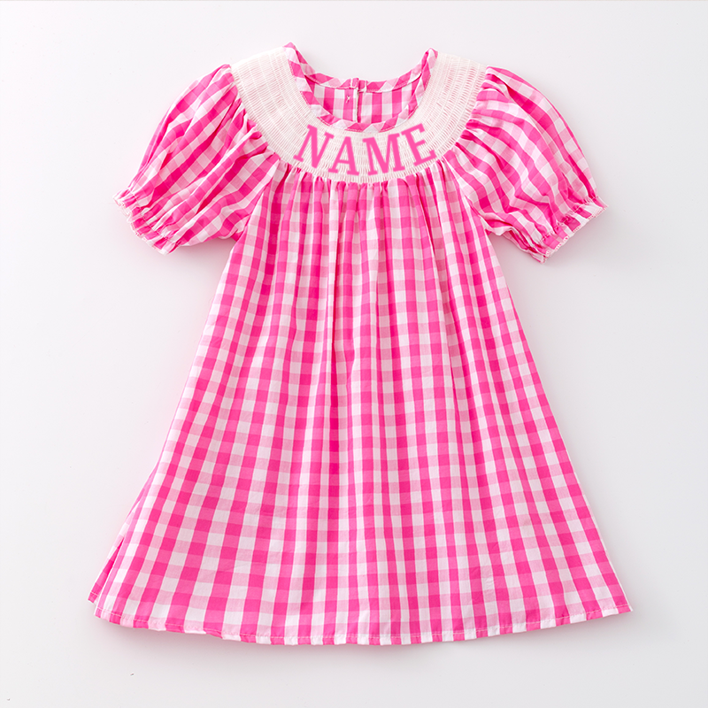 Girls Summer Hot Pink Plaid Custom Name Smock Embroidery Dress