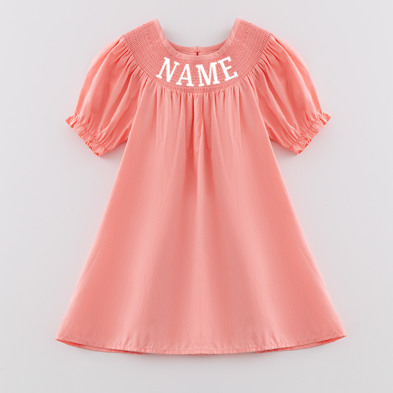 Girls Summer Coral Custom Name Smock Embroidery Dress