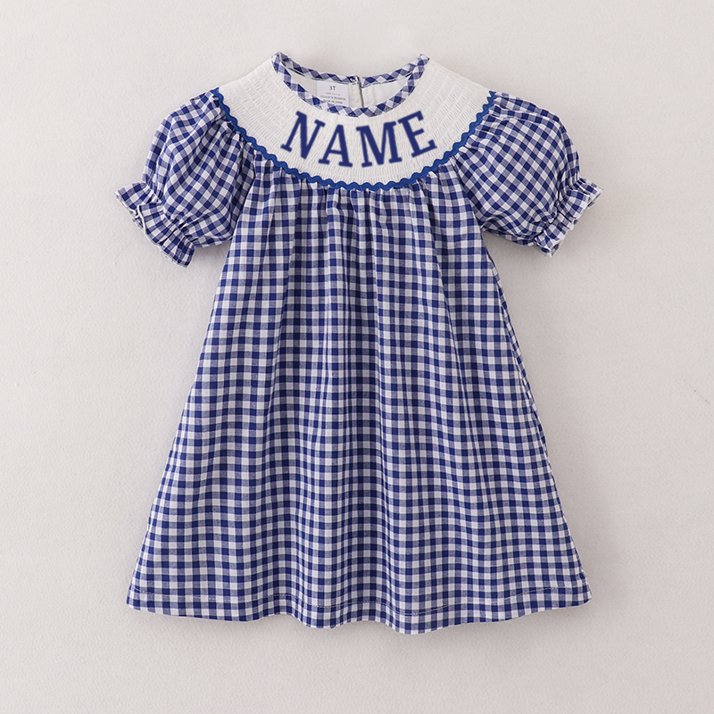 Girls Summer Royal Blue Plaid Custom Name Smock Embroidery Dress