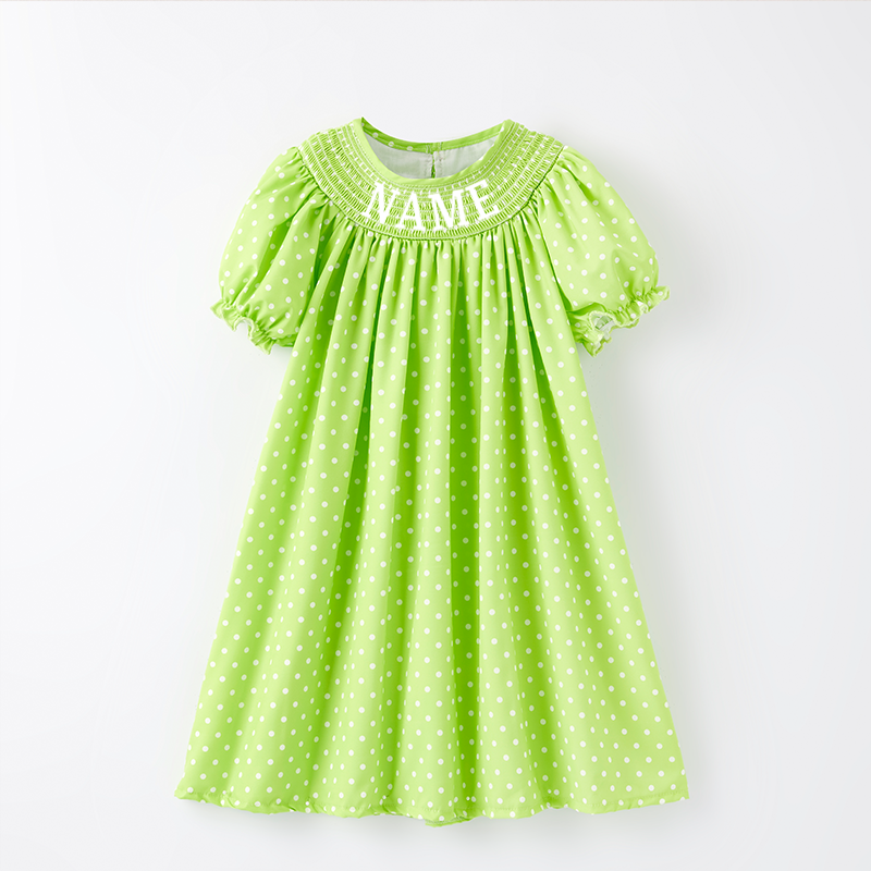 Girls Summer Lemon Green Dot Custom Name Smock Embroidery Dress
