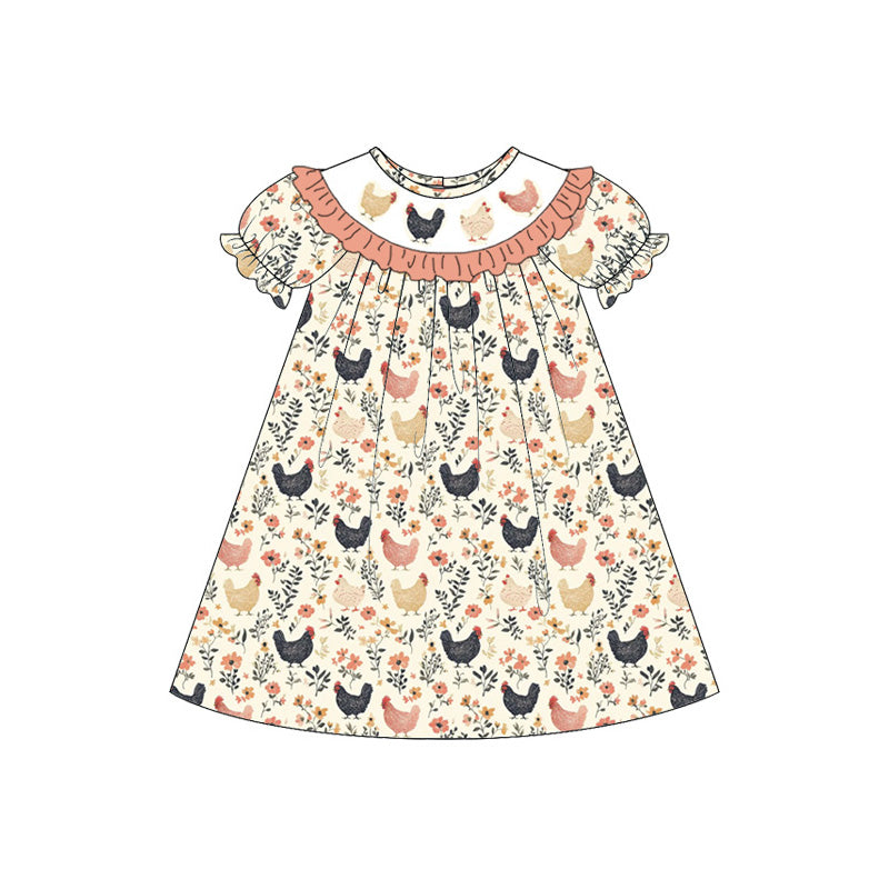 Girls Fall Farm Chick Print Embroidery Smocked Sibling Outfit Set