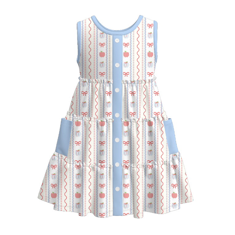 Girls Summer Back To School Blue Apple Bow Dress