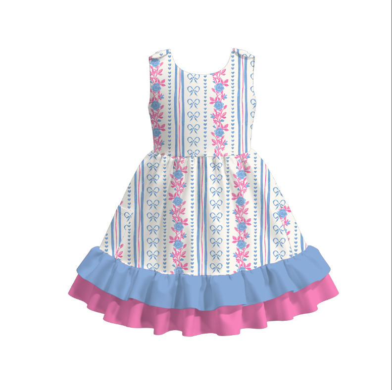 Girls Summer Bow Floral Blue Hot Pink Ruffles Dress