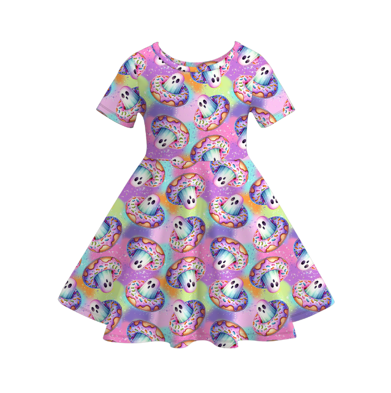 Girls Fall Doughnut Floral Ghost Print Short Sleeves Twirl Dress