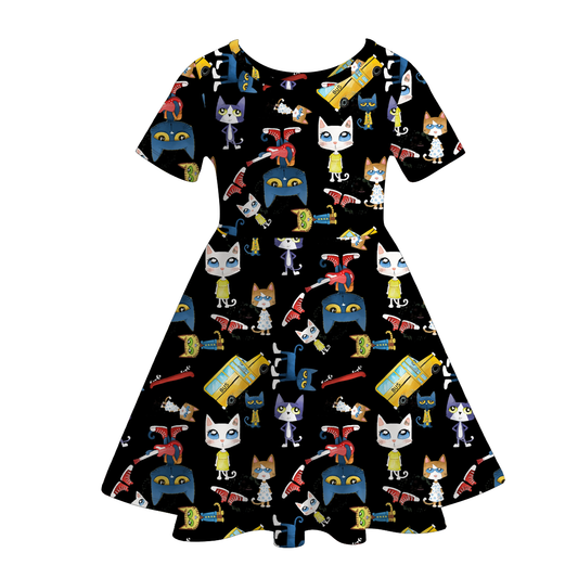 Girls Summer Fall Pete The Cat Print Short Sleeves Twirl Dress