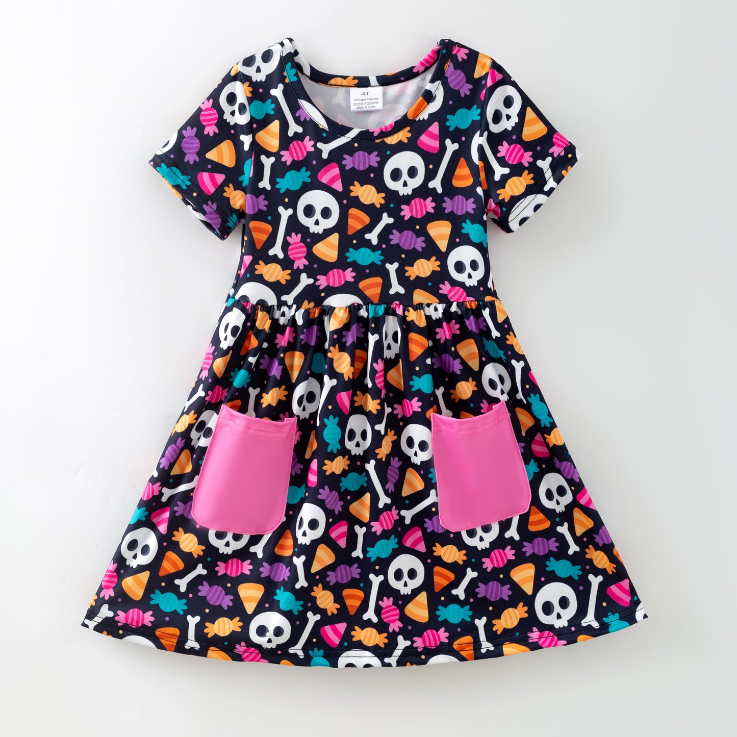 Girls Halloween Skull Hot Pink Pocket Short Sleeves Dress