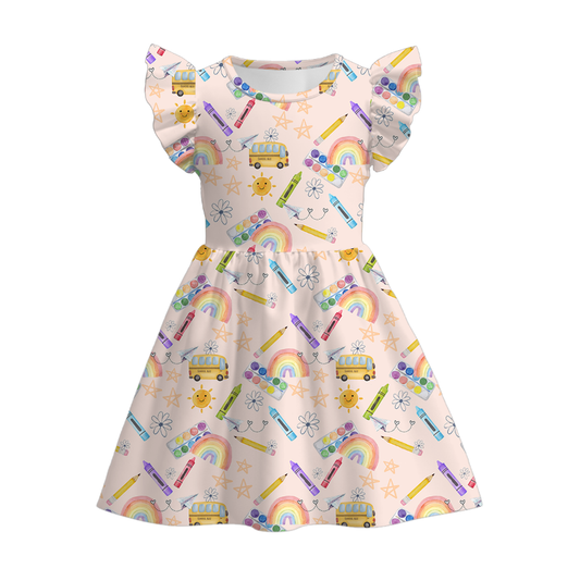 Girls Back To School Cartoon Apple Pencil Print Twirl Dress